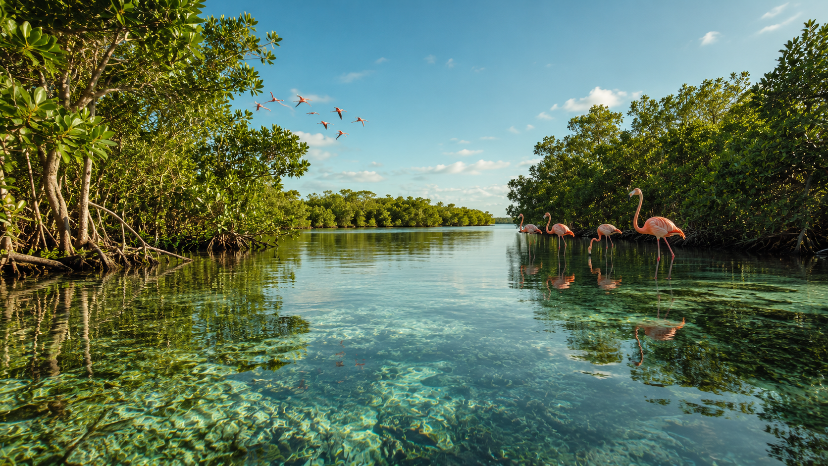 Flamencos rosados sobrevolando el manglar de la reserva natural de Sisal, Yucatán